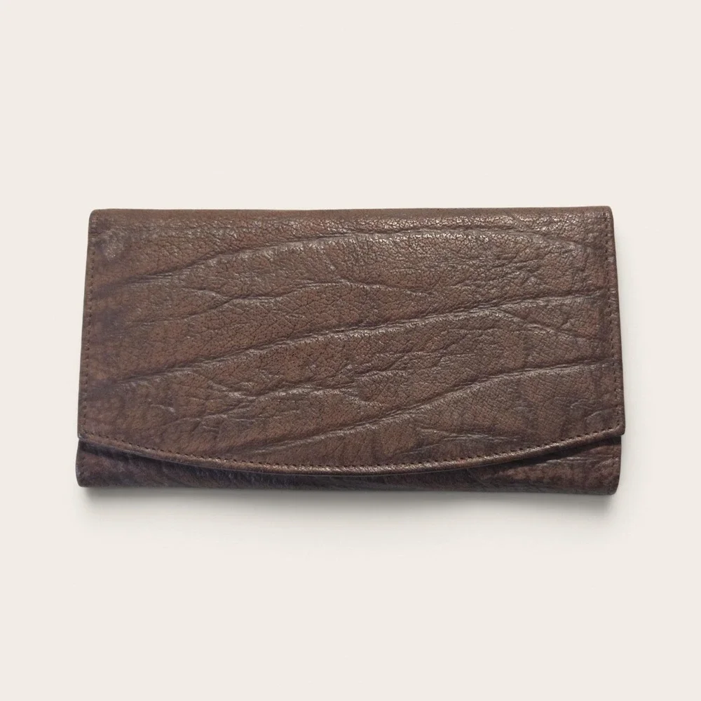 Busby Genuine African Buffalo Leather Trifold Wallet Brown Kiss Lock Clutch